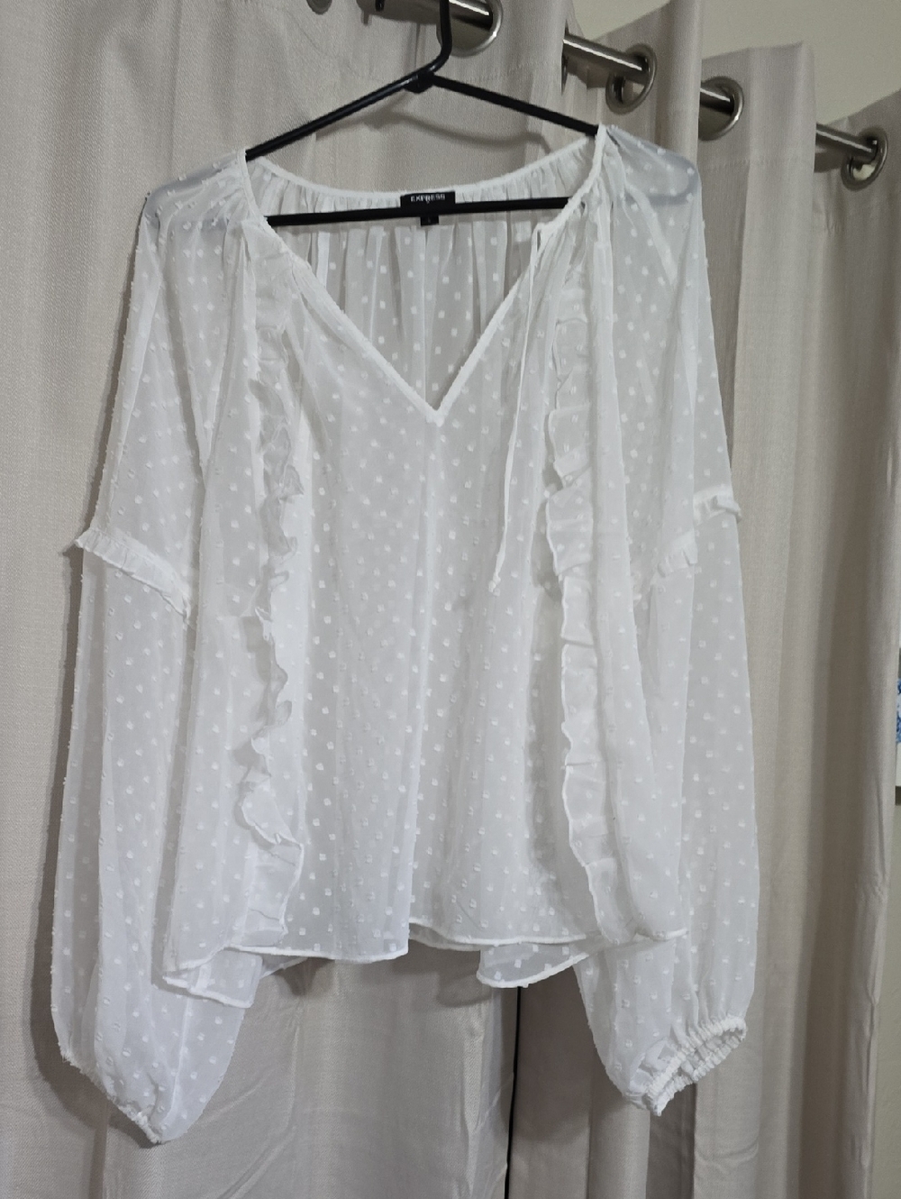 Express White Swiss Dot Ruffle V-Neck Blouse